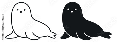 Cute cartoon seal set featuring an outline seal and a solid black seal for marine life illustration