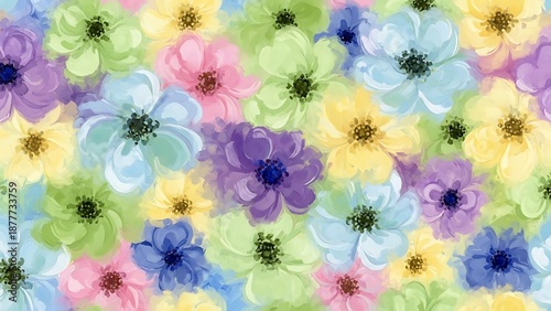 A vibrant and colorful pattern of watercolor painted flowers in various hues