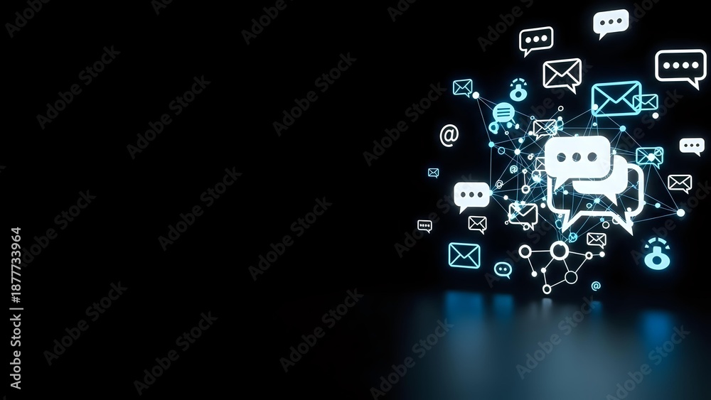 Fototapeta premium Digital communication icons floating with glowing effects on dark background for technology and networking concepts in business presentations.