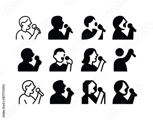 Concert Icon Set. Singing at live performances and concerts. Icon set. Set Logo of Singing at live performances and concerts: singer with microphone.