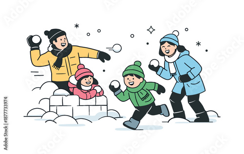 Family Snowball Fun. Snowball fight family time. Parents and children playing together in the snow. Shared laughter, bonding and winter memories. Minimalist