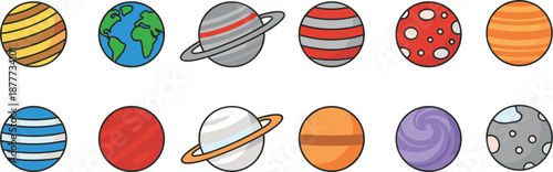 Colorful stylized planets, fantasy solar system, space illustration, cosmic design, alien worlds, astronomy art, planetary diversity, orbit