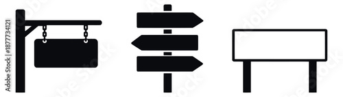 Flat icon sign set featuring directional arrows, hanging boards, and blank rectangular signs for information and wayfinding