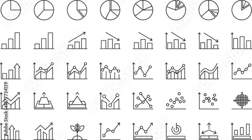 Data visualization icons set, pie chart, bar chart, line graph, scatter plot, dashboard elements, infographic symbols, analytics tools