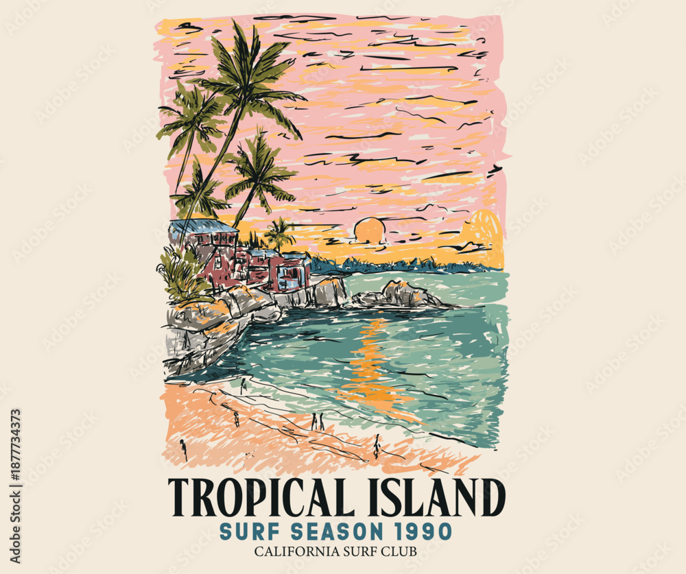 Fototapeta premium Summer vibes graphic print design. Summer vacation time artwork. Tropical island artwork. Palm tree vector design.