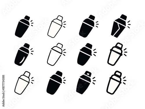 Cocktail Icon Variations. Cocktail culture. Icon set. Set Logo of cocktail culture: shaken cocktail shaker. harmonious logo variations of the same emblematic