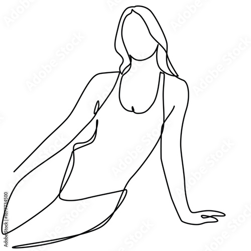 Young girl in swimsuit one line drawing. Young girl in swimsuit single line illustration. Young girl in swimsuit minimalist line art. 