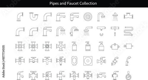 Plumbing icons collection, faucet and pipe vector set, showerhead, valve, dispenser, bathroom fixtures, water system elements