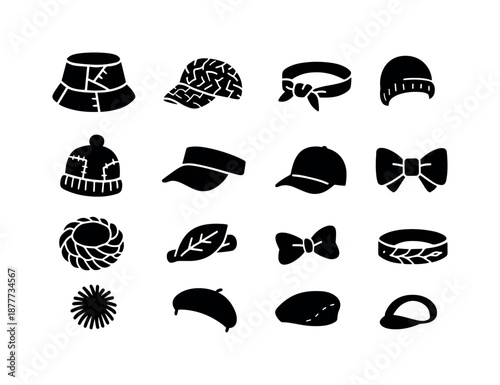 Eco-Friendly Hat Icons. Upcycled hats and headwear. Solid icon set of upcycled hats and headwear: patchwork bucket hat, woven straw cap, fabric scrap headband,