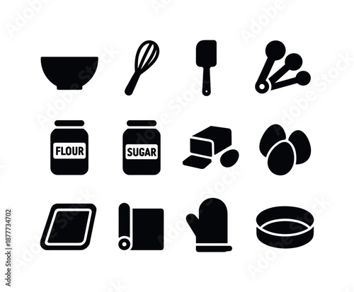 Home Baking Icons. Home baking essentials. Solid icon set of home baking essentials: mixing bowl, whisk, spatula, measuring spoons, flour jar, sugar jar,
