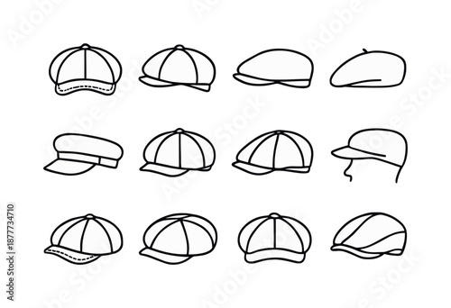 Newsboy Cap Icons. Newsboy cap. Line icon set of Newsboy cap: newsboy cap front, newsboy cap side, flat cap, beret outline, peaked cap, vintage hat, cap button