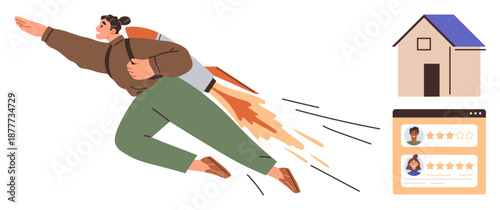 Career motivation, goal achievement, real estate, online feedback, customer reviews, innovation. Individual with jetpack flying. Career motivation and goal achievement visualization