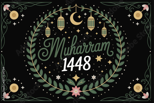 Muharram 1448 islamic new year greeting card with lanterns and crescent moon