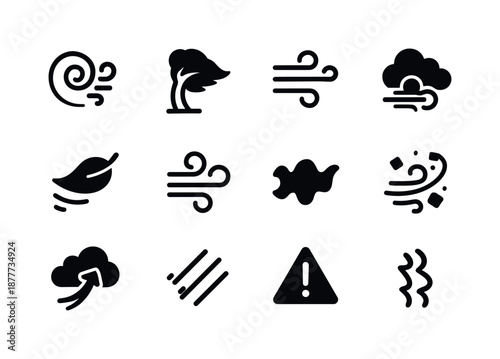 Windstorm Icon Set. Windstorm. Solid icon set of Windstorm: swirling wind, bent tree, wind lines, cloud trail, flying leaf, gust icon, pressure wave, debris