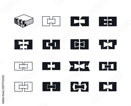 Dovetail Joint Logos. Woodworking and building furniture. Icon set. Set Logo of woodworking and building furniture: dovetail joint. harmonious logo variations