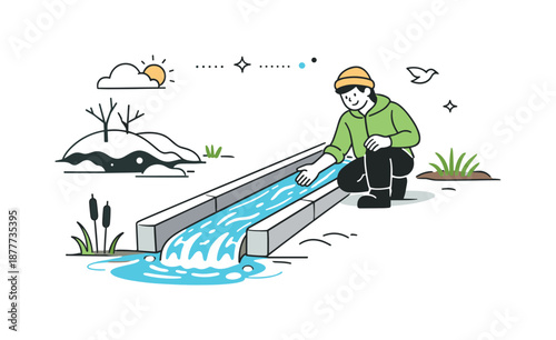 Water's Return. Water flow returning. A calm editorial scene where water begins to flow again through a simple channel after winter stillness. The illustration