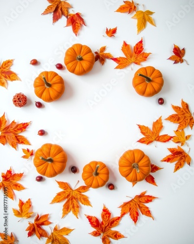 Whimsical halloween autumn decoration featuring mini pumpkins and orange maple leaves arranged in a circle