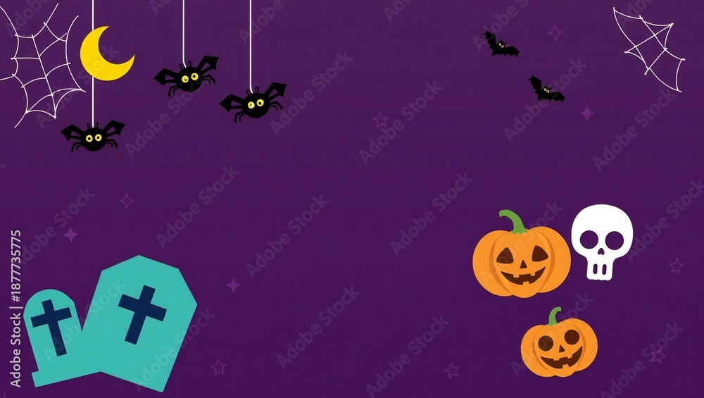Fototapeta premium Spooky halloween scene with pumpkins bats cobwebs moon graveyard and skull for festive holiday fun
