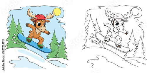 Cute cartoon moose snowboarding and jumping in air wearing red helmet, vector illustration of happy winter animal character doing extreme sports in snowy forest.