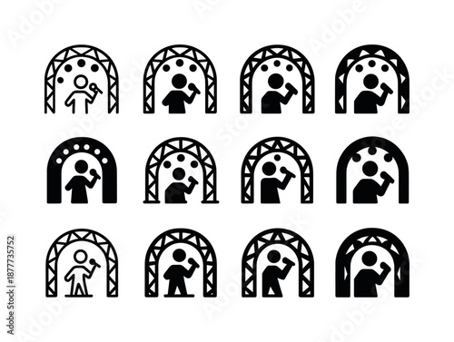 Concert Logo Variations. Singing at live performances and concerts. Icon set. Set Logo of Singing at live performances and concerts: stage arch with lights.