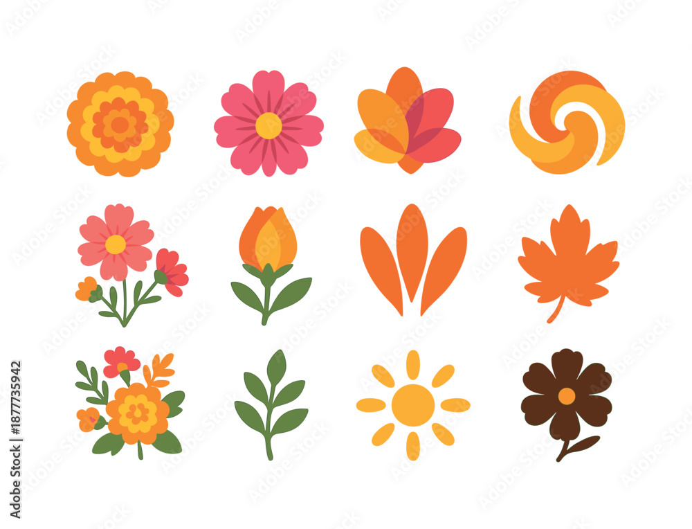 Fototapeta premium October Flower Icons. October birth flowers. Colorful flat vector icons set of October birth flowers: marigold bloom, cosmos flower, layered bright petals,