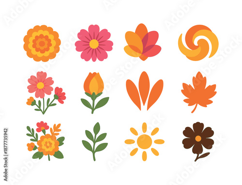 October Flower Icons. October birth flowers. Colorful flat vector icons set of October birth flowers: marigold bloom, cosmos flower, layered bright petals,