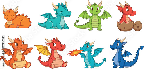 Cute baby dragon characters vector set with colorful fantasy creatures in different poses and expressions in flat cartoon illustration style isolated on white background