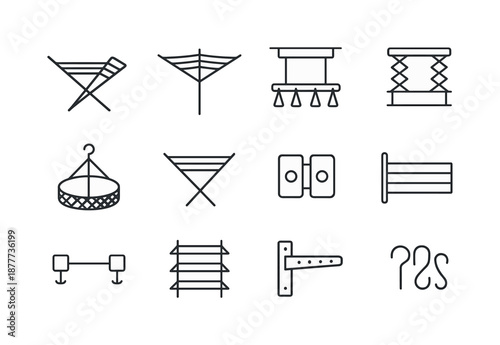 Drying System Icons. Drying system. Line icon set of Drying system: collapsible frame, rotary line, ceiling-mounted airer, motorized lift rack, drying net,