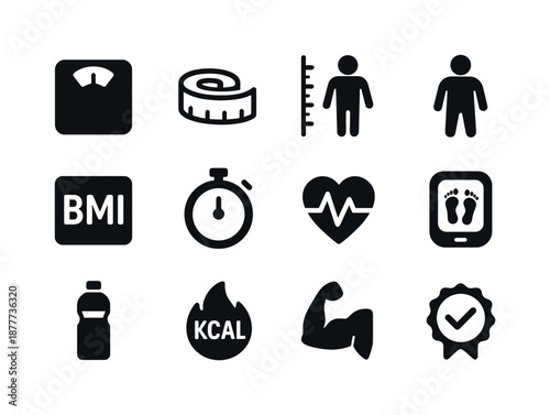 Fitness Metrics Icons. Fitness assessments and body measurements. Solid icon set of basic fitness metrics: weight scale, tape measure, height chart, body