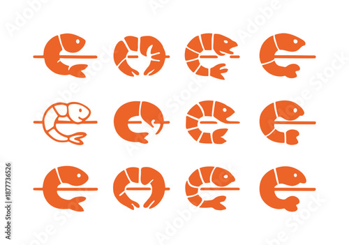 Shrimp Skewers Icons. Shrimp skewers. Icon set. Set Logo of shrimp skewers: shrimp duo on skewer. harmonious logo variations of the same emblematic concept,