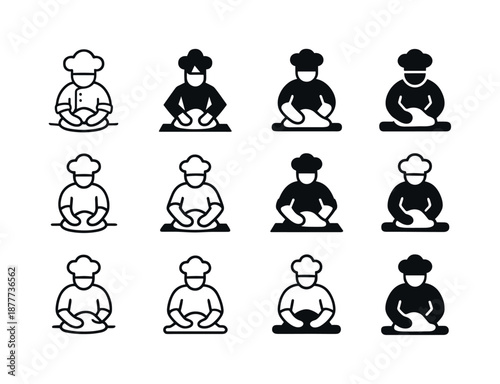 Baker Logo Variations. A baker kneading dough by hand on a flour-covered surface. Icon set. Set Logo of a baker kneading dough by hand on a flour-covered