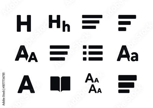 Typography Icon Set. Type hierarchy. Solid icon set of type hierarchy: heading icon, subheading icon, body text, text stack, size scale, font weights, visual