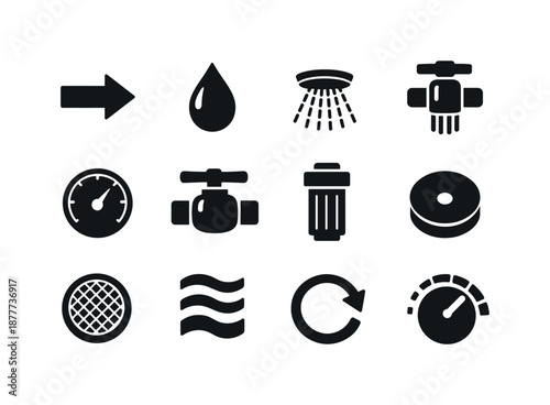 Water Flow Control Icons. Water flow control. Solid icon set of Water flow control: flow arrow, drip icon, spray pattern, stream mode, pressure gauge, on/off