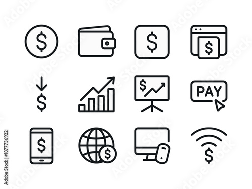 Online Earnings Icons. Earning online. Line icon set of Earning online: dollar symbol, online wallet, app icon, digital product, passive arrow, graph up,