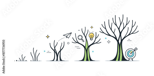 Organic Growth Flow. Growth flow visualization. Vertical organic lines gradually thickening and spreading, suggesting steady development over time. Editorial