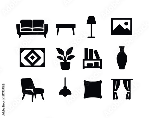 Chic Urban Decor Icons. Chic and sophisticated decor for urban apartments. Solid icon set of chic and sophisticated decor for urban apartments: modern sofa,