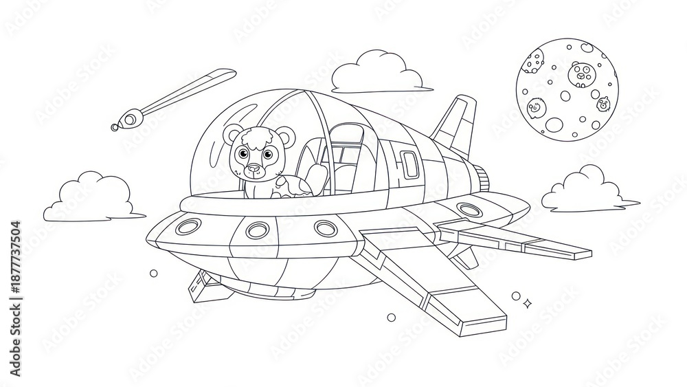 Fototapeta premium Cartoon bear piloting spaceship in space with planets and clouds