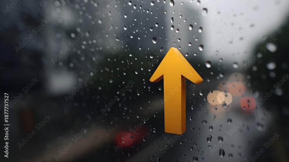 Fototapeta premium Orange arrow on a rainy window signifies upward progress against blurred city lights