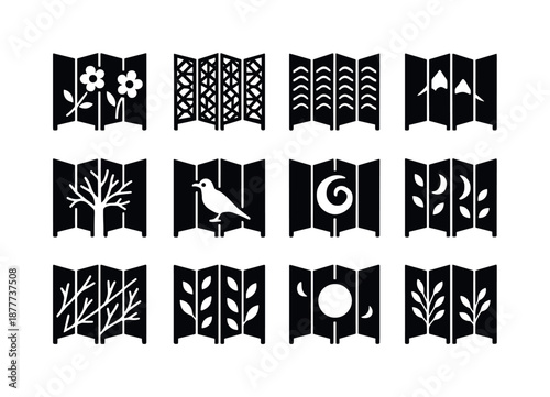 Folding Screen Icons. Folding screen designs. Solid icon set of folding screen designs: floral design, geometric pattern, wave pattern, mountain silhouette,