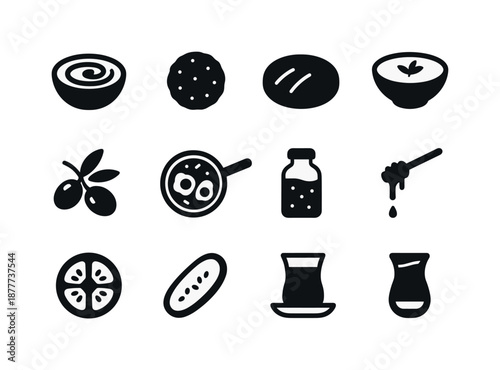 Middle Eastern Breakfast Icons. Middle Eastern breakfast. Solid icon set of Middle Eastern breakfast: hummus bowl, falafel ball, pita bread, labneh bowl,