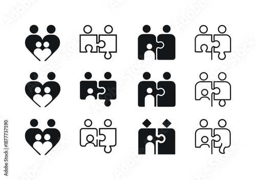 Family Puzzle Logos. Building a family puzzle. Icon set. Set Logo of building a family puzzle: emotional bond pieces. harmonious logo variations of the same