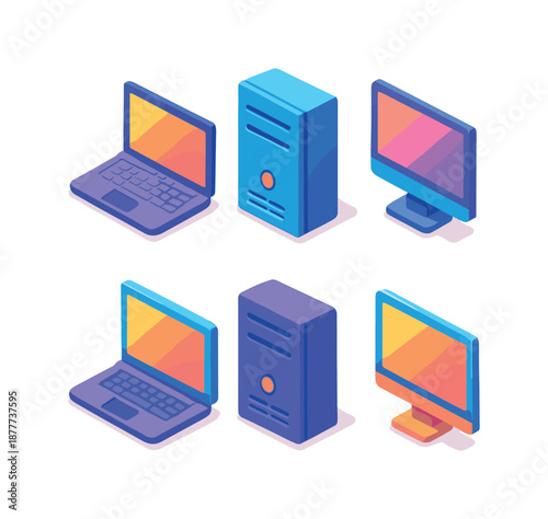 Colorful Device Icons. Device. Isometric flat vector icons set of device: laptop, desktop computer, all-in-one PC. Arrange all isometric objects in a single