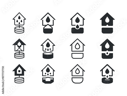 Sustainable Home Icons. Energy-efficient home design trends. Icon set. Set Logo of energy-efficient home design trends: rainwater collection system. harmonious