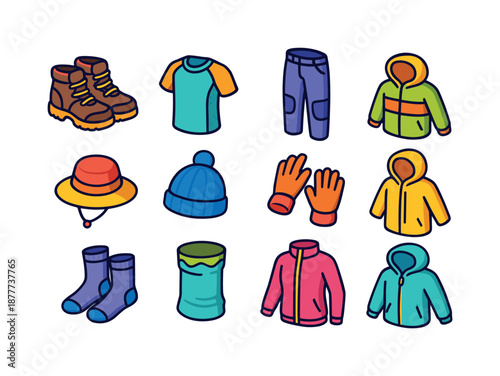 Colorful Hiking Clothing Icons. family hiking clothing. Colorful isometric vector icons set of family hiking clothing: hiking boots pair, breathable shirt,