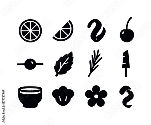 Cocktail Garnish Icons. Cocktail garnishes. Solid icon set of cocktail garnishes: lemon slice, lime wedge, orange twist, cherry, olive skewer, mint leaf,