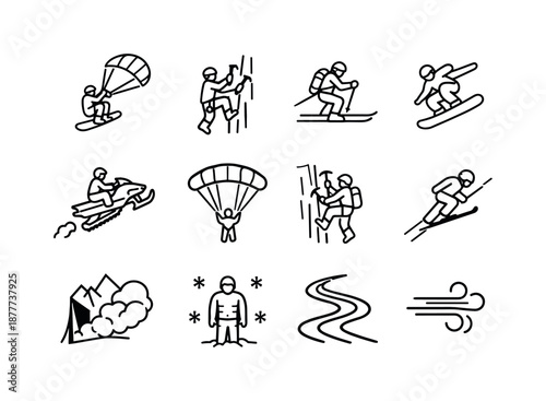 Extreme Winter Sports Icons. Extreme winter sports. Line icon set of Extreme winter sports: snowkiting jump, ice climbing, backcountry skiing, snowboarding