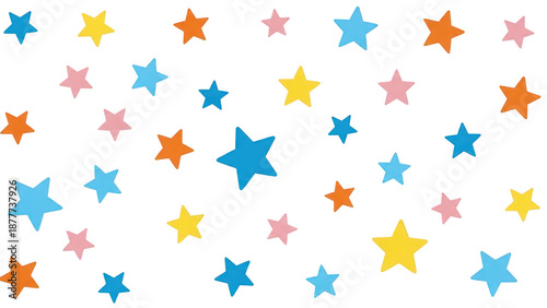 Pattern of colorful simple stars in blue yellow and pink, transparency for children party design