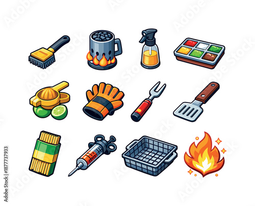 Grill-Side Essentials Icons. Grill-side shrimp essentials. Colorful isometric vector icons set of grill-side shrimp essentials: grill brush, coal starter, oil