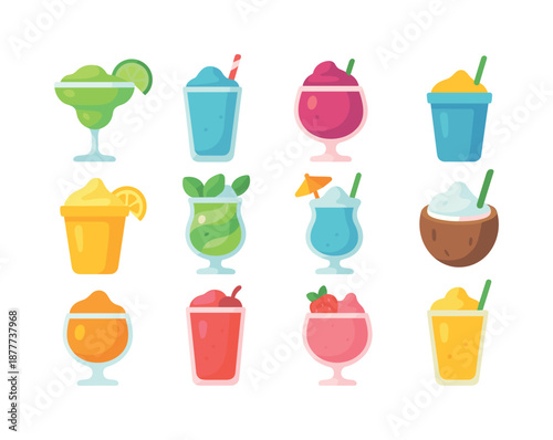 Frozen Cocktail Icons. Frozen Cocktails. Colorful flat vector icons set of Frozen Cocktails: frozen margarita, slush daiquiri, berry ice blend, mango frost
