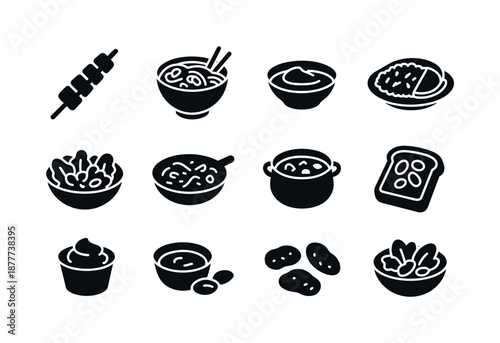 Peanut Dish Icons. Peanut dishes. Solid icon set of peanut dishes: satay skewer, peanut noodle bowl, peanut sauce, peanut rice plate, salad with peanuts, stir